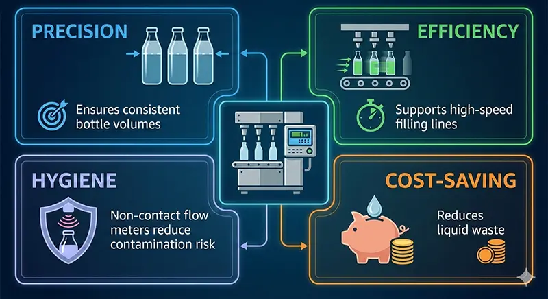 The infographic illustrates the advantages of the flow meter in terms of "accuracy, efficiency, hygiene, and cost."