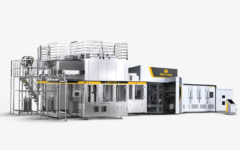 High-speed BFC monoblock filling machine running PET bottle beverage production.