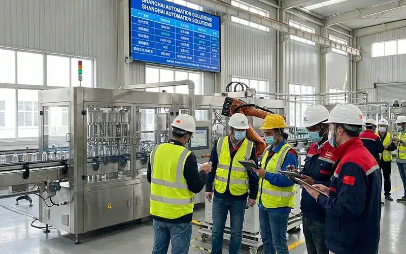 Modern Chinese filling machine manufacturer with automated production lines and international engineers inspecting equipment.