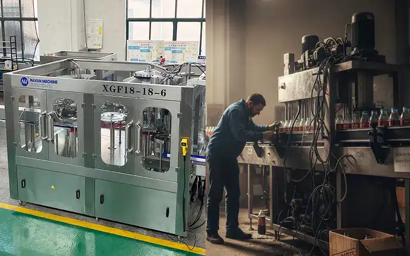 Navan Machine 3-in-1 bottle filling machine vs low-quality alternative: showing reliability and downtime comparison.