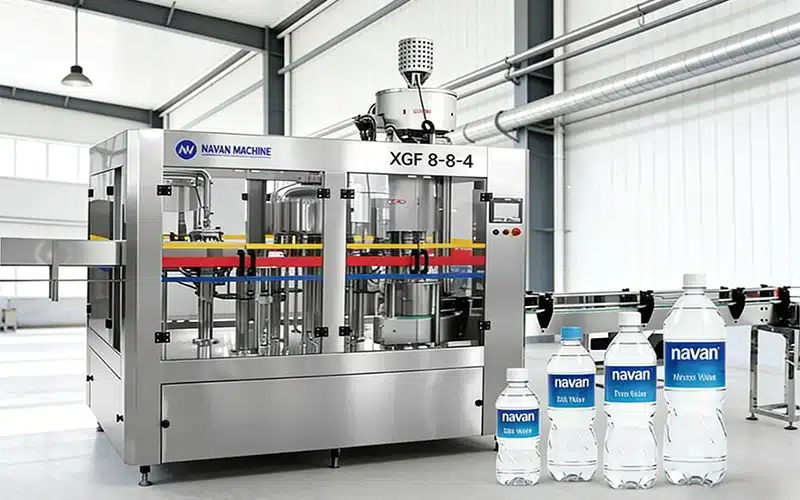 XGF8-8-4 3 in 1 water bottling machine for bottled water business with water filling machine and bottle blowing machine integration.