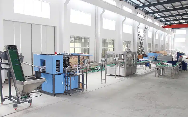 Overview of a modern automatic water filling production line with multiple machines integrated.