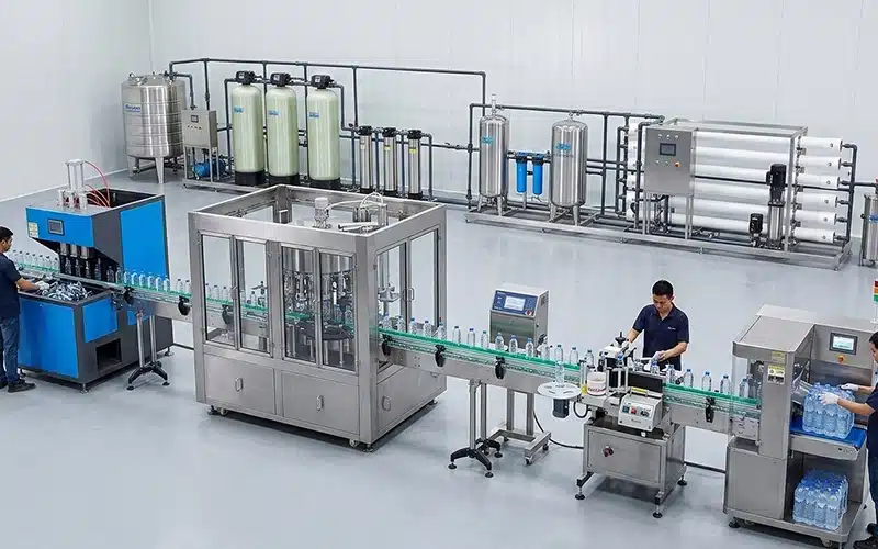 Ligne de remplissage d'eau complète pour l'industrie de l'eau en bouteille, intégrant une machine de remplissage d'eau, une machine de soufflage de bouteilles et un système de traitement de l'eau dans une ligne de bouteillage entièrement automatisée.