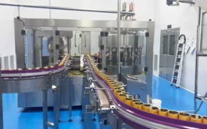 Sealed cans moving from 18-4 can filling and sealing machine to downstream equipment