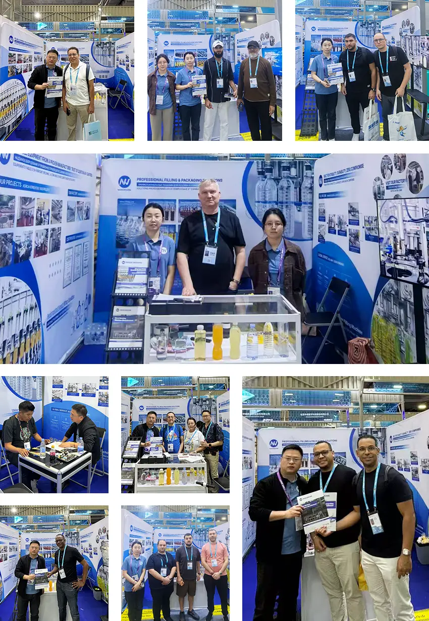 Beverage machinery booth at Canton Fair 2026 – staff discussing bottling equipment with international buyers