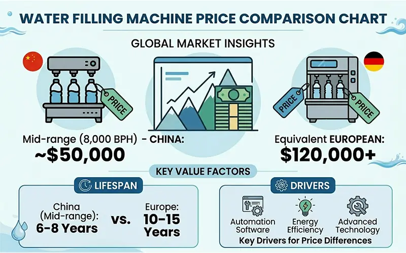 Bar chart comparing water filling machine prices for capacities from 2000 to 36000 BPH, separated by origin (China, Turkey, Italy, Germany)