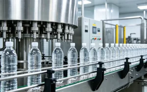 Modern automatic beverage filling line with rotary filling machine and conveyor system