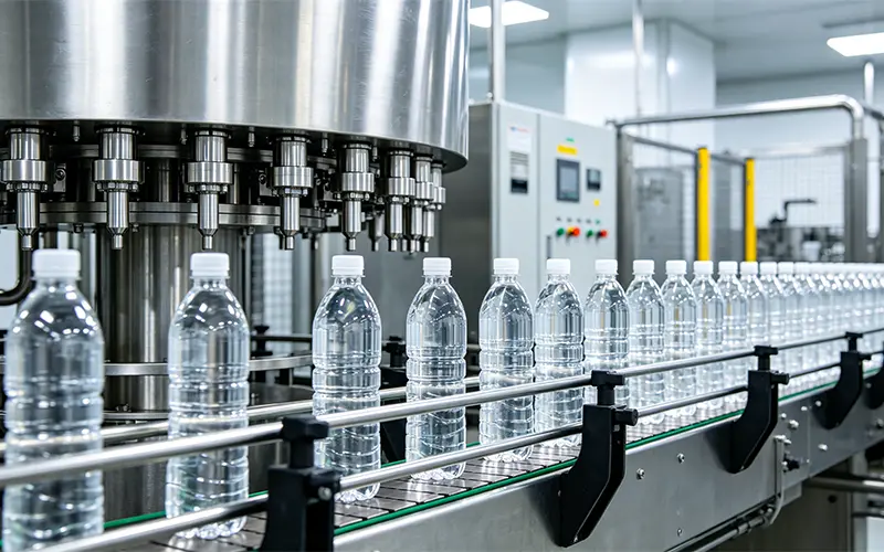 Modern automatic beverage filling line with rotary filling machine and conveyor system